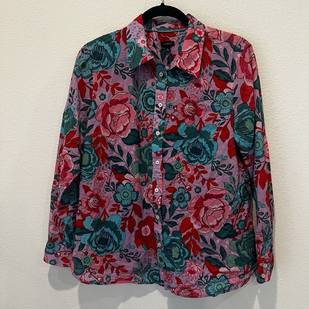 Talbots Cotton Button Front Shirt Sketched Blooms in Violet Sz L Lightweight - Picture 2 of 7